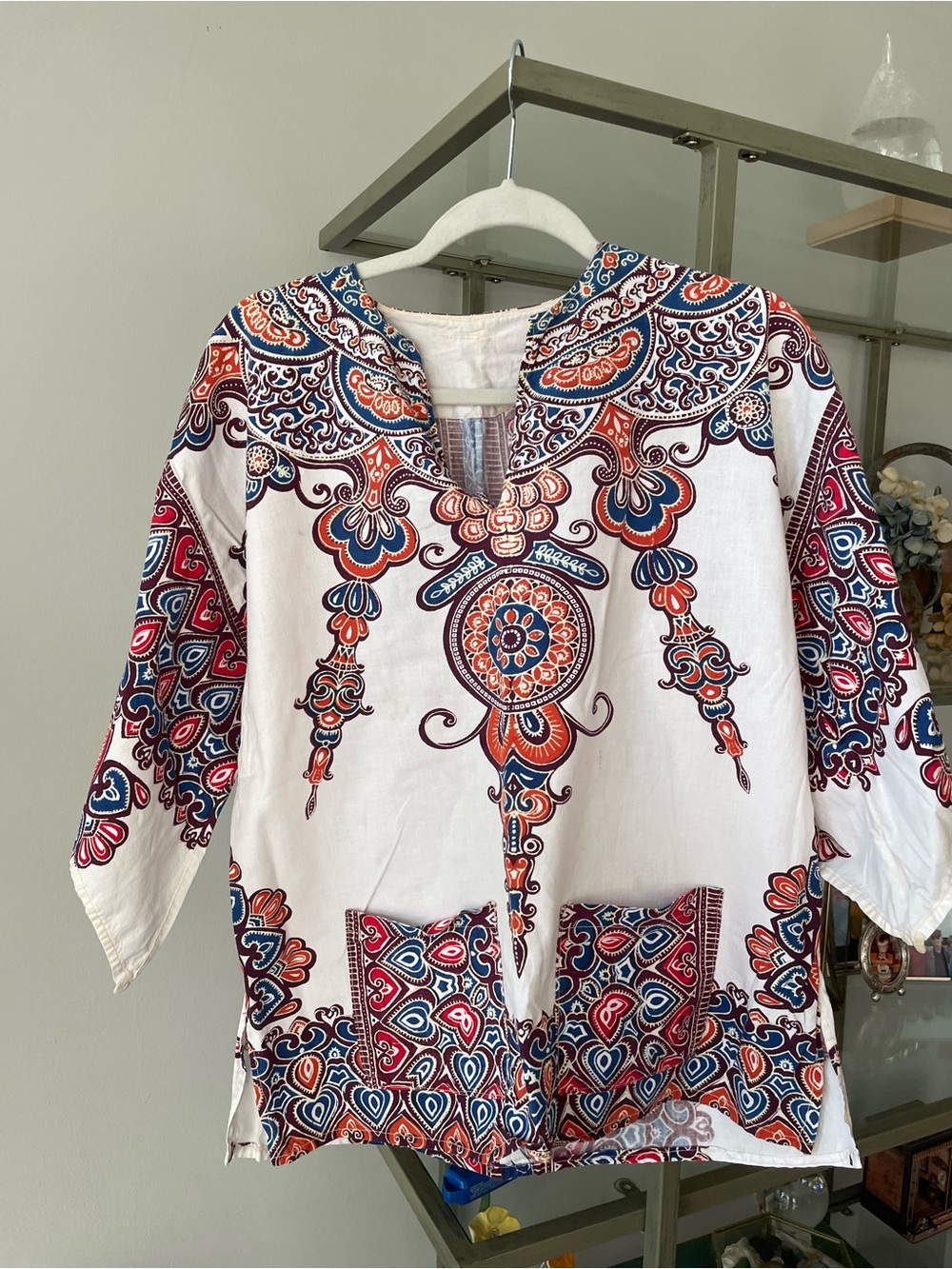 Vintage Dashiki  Tunic Top with Red & Blue Paisley Motif